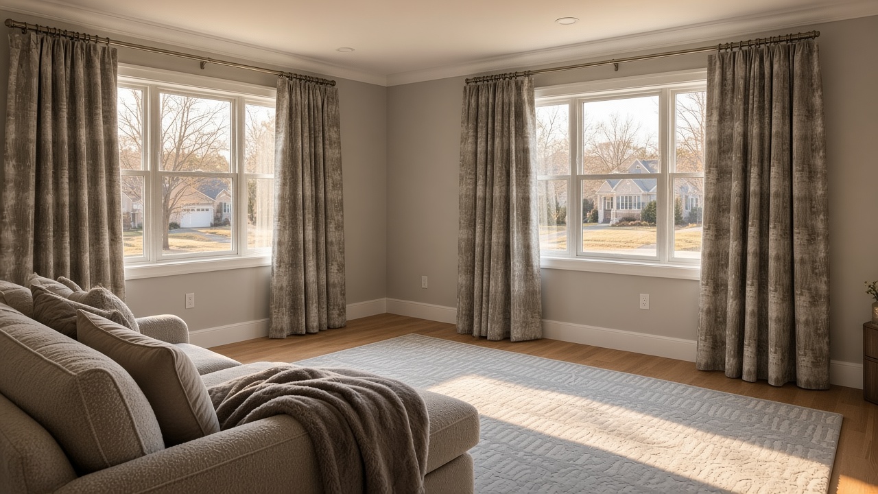 Grey textured pinch-pleat panels on a silver rod, living room, winter street through the glass